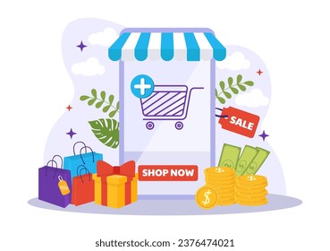 Mobile E-Commerce Vector Illustration of Smart Phone for Activities of Online Shopping and Digital Marketing Promotion with Bag and Gift Box Design