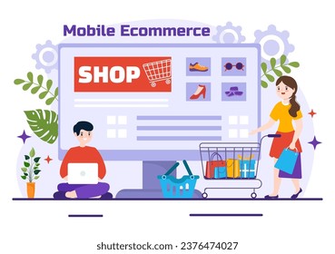 Mobile E-Commerce Vector Illustration of Smart Phone for Activities of Online Shopping and Digital Marketing Promotion with Bag and Gift Box Design