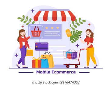 Mobile E-Commerce Vector Illustration of Smart Phone for Activities of Online Shopping and Digital Marketing Promotion with Bag and Gift Box Design