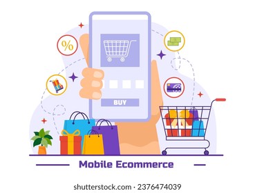 Mobile E-Commerce Vector Illustration of Smart Phone for Activities of Online Shopping and Digital Marketing Promotion with Bag and Gift Box Design