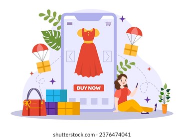 Mobile E-Commerce Vector Illustration of Smart Phone for Activities of Online Shopping and Digital Marketing Promotion with Bag and Gift Box Design