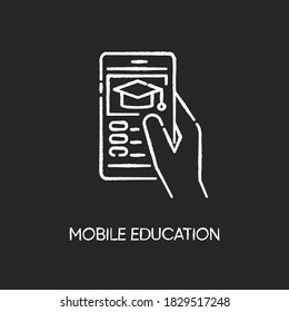 Mobile education chalk white icon on black background. Remote internet school, online training classes. E learning, BYOD policy. Student holding smartphone Isolated vector chalkboard illustration