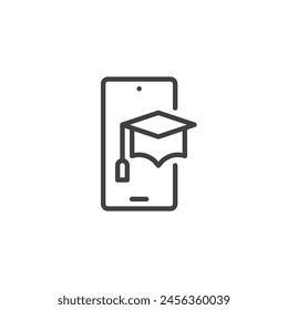 Mobile Education line icon. Smartphone and mortarboard hat linear style sign for mobile concept and web design. Online education outline vector icon. E-learning symbol, logo illustration.