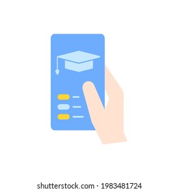 Mobile education vector flat color icon. Remote internet school, online training classes. Elearning policy. Student holding smartphone. Cartoon style clip art for mobile app. Isolated RGB illustration
