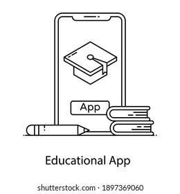 
Mobile educational app icon in linear outline design, mortarboard inside smartphone 