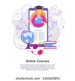 Mobile educational app. Teacher gets out of the phone screen. Headphone audio course. Flat vector concept.