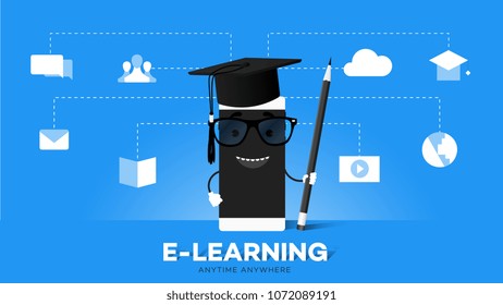 Mobile E-Laerning Conceptual Vector Illustration Online Education Advantage Points Cartoon Smartphone In Grad Hat.