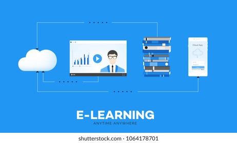 Mobile E-Learning Conceptual Vector Illustration Online Education Advantage Points. Video Lessons Books Stack In Cloud Service.