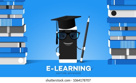 Mobile E-Learning Conceptual Vector Illustration Online Education Advantage Points Cartoon Smartphone In Grad Hat.