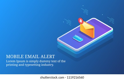 Mobile Email Alert, Email Notification, Mobile Marketing App - 3D Isometric Design Conceptual Banner