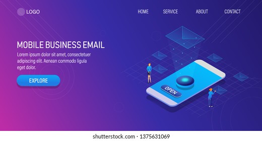 Mobile email, Business email, 3D, isometric concept with texts