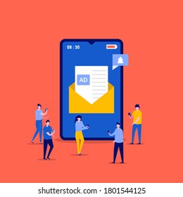 Mobile email marketing, newsletter promotion, advertising campaign, digital promotion concepts with characters. People sending a AD message. Modern vector illustration in flat style for hero images.