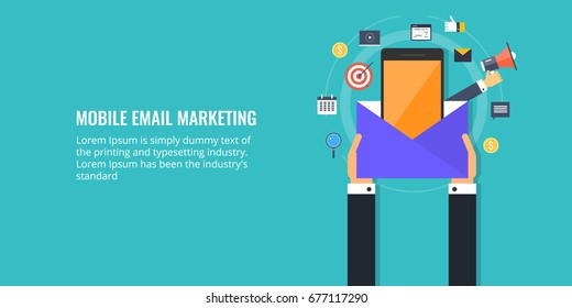 Mobile email marketing vector. Hand with envelope, mobile email campaign with icons isolated on light background.