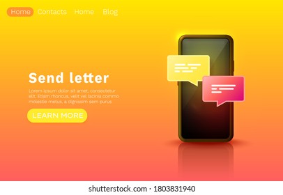 Mensaje de correo electrónico móvil, Internet de chat, diseño de banners de sitios web. Ilustración del vector