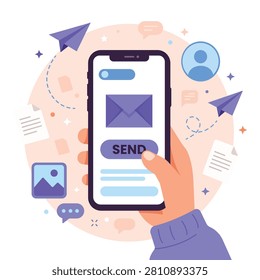 Mobile email messaging illustration featuring smartphone interface send button notifications and digital communication elements designed for online correspondence marketing applications business connectivity and modern technology concepts.