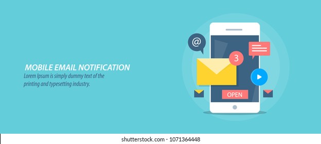 Mobile email notification, email application, marketing, message alert flat vector conceptual illustration with icons