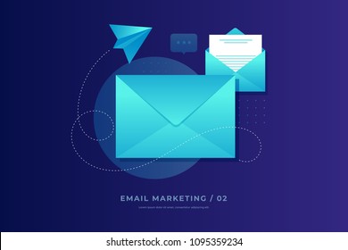 Mobile e-mail notification concept. Close and open post envelopes and paper airplane on blue background. Email marketing. Flat vector illustration.