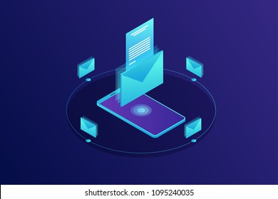 Mobile e-mail notification concept. Communication, information dissemination, sending email. Isometric vector illustration.