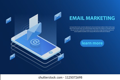 Mobile e-mail notification concept. Communication, information dissemination, sending email. 3D style design - Email marketing, Mobile marketing. Isometric vector illustration. 