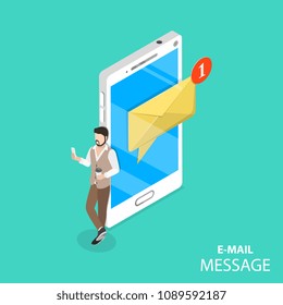 Mobile e-mail notification flat isometric vector concept. A man is browsing his new messages on its gadget standing beside the huge smartphone with notification about a one new message.