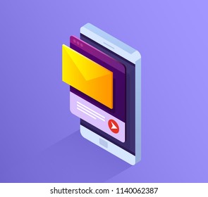 Mobile e-mail notification icon. Email marketing. Communication, information dissemination, sending email. Vector 3d isometric illustration.