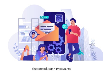 Mobile email service concept in flat design. Newsletter sending, electronic mail scene template. Man and women receive messages at smartphones. Vector illustration of people characters activities