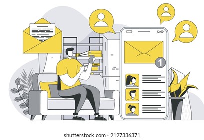 Mobile email service concept with outline people scene. Man makes online correspondence in app. Marketer makes newsletter promotional mailing. Vector illustration in flat line design for web template
