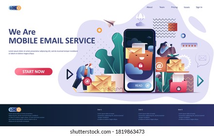 Mobile email service flat landing page template. Online people communication software web banner. Email app, social network messaging and chatting service 3d composition. Web page vector illustration.