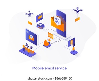 Banner web isométrico del servicio de correo electrónico móvil. Concepto de isometría de la aplicación para smartphone de correo electrónico. Escena 3d de mensajería de redes sociales, diseño plano de comunicación de personas en línea. Ilustración vectorial con caracteres de personas