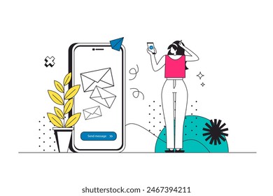 Mobile email service outline web concept in modern flat line design. Woman using app for sending digital mails, managing online correspondence and incoming spam in application. Vector illustration