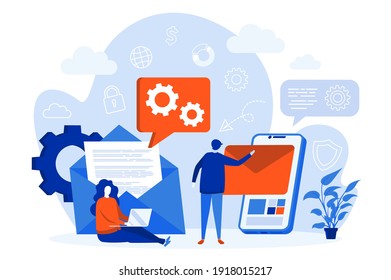 Concepto web de servicio de correo electrónico móvil con caracteres de personas. Diseño de escena de mensajería de red. Las personas comunican la composición en línea de forma plana. Ilustración vectorial para materiales promocionales de medios sociales