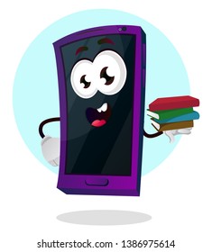Mobile emoji holding several books in his hand illustration vector on white background