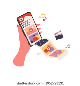 Mobile entertainment flat cartoon illustration. Films, video, music and photo inside smartphone banner design. Multimedia inside phone background. Internet content flow concept. Hand hold phone design