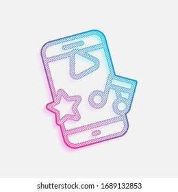 Mobile entertainment, media in phone, outline design. Technology logo with diagonal lines and colored gradient. Neon graphic, light effect. Blue and red colors