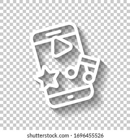Mobile entertainment, media in phone, outline design. White icon with shadow on transparent background