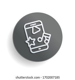 Mobile entertainment, media in phone, outline design. White paper symbol on gray round button or badge with shadow