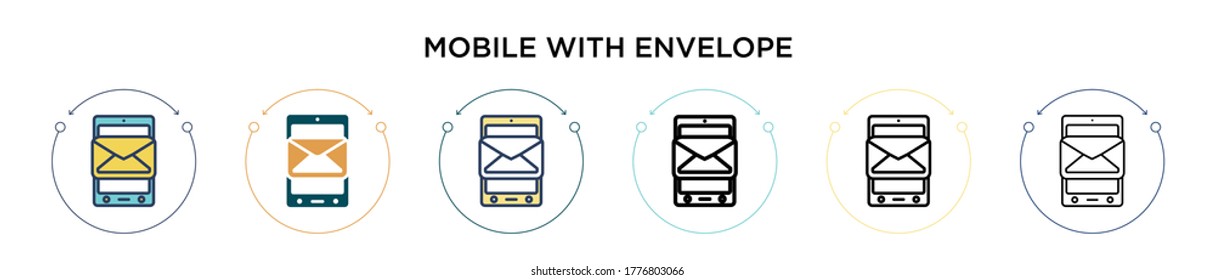 Mobile with envelope icon in filled, thin line, outline and stroke style. Vector illustration of two colored and black mobile with envelope vector icons designs can be used for mobile, ui, web