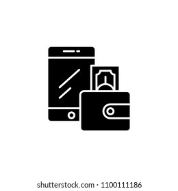 Mobile e-wallet black icon concept. Mobile e-wallet flat  vector symbol, sign, illustration.