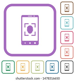 Mobile face detection simple icons in color rounded square frames on white background