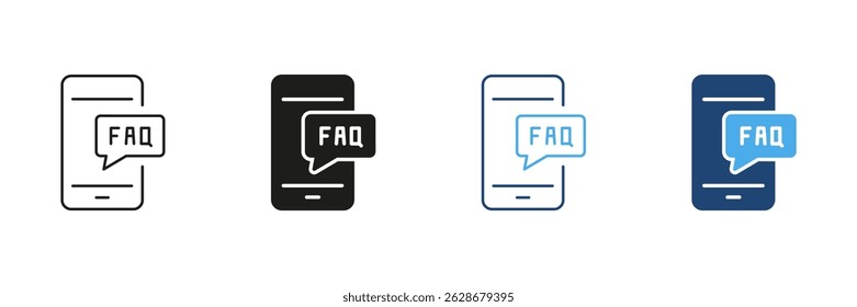 Mobile Faq Speech Bubble Icon Set. Customer Support, Information Access, And Help Center Outline And Silhouette Symbol Collection. Digital Assistance And User Guidance. Isolated Vector Illustration.