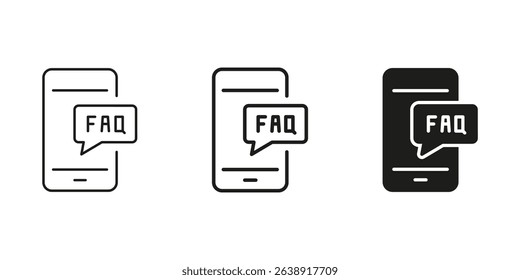 Mobile Faq Speech Bubble Icon Set. Customer Support, Information Access, And Help Center Outline And Silhouette Symbol Collection. Digital Assistance And User Guidance. Isolated Vector Illustration.