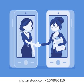 Mobile female deal, commercial business agreement. Contract signing, businesswomen smartphone handshake, modern safe technology, successful formal cooperation. Vector illustration, faceless characters