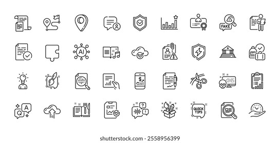 Mobile finance, Certificate and Recipe book line icons pack. AI, Question and Answer, Map pin icons. Court building, Fake news, Check article web icon. Vector