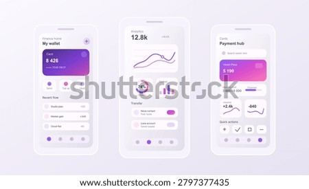 Mobile Finance Wallet App UI Vector. Soft mobile finance app UI with wallet cards, payment hub, analytics charts, savings, transfer list, expense limits and quick actions. Vector mobile app