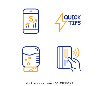 Mobile finance, Water cooler and Quickstart guide icons simple set. Contactless payment sign. Phone accounting, Office drink, Lightning symbol. Bank money. Technology set. Linear mobile finance icon