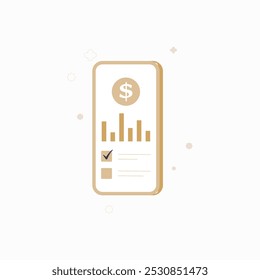 Mobile financial app interface with dollar symbol and bar chart in flat vector illustration symbolizing financial planning, budgeting, and online payments, isolated on white background.