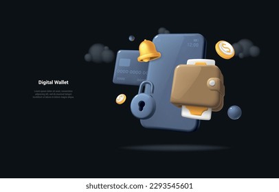 Mobile Financial Security concept. Cartoon 3d illustration of security lock icon in realistic style with brown wallet. Concept illustration of mobile money protection. Landing page Reaistic 3d style