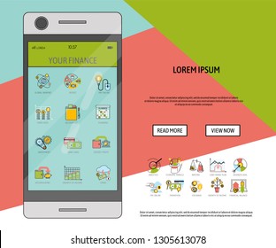 Mobile financial software banner vector illustration. Risk management. Corporate finance. Corporate valuation. Fianncial modelling. Stock exchange. Cash flow. Observing your finance.