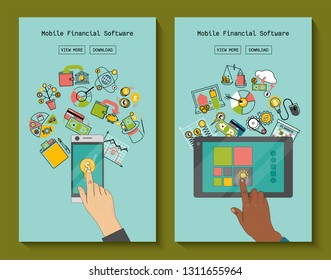 Mobile financial software for phone and tablet banners vector illustration. Risk management. Corporate finance. Corporate valuation. Fianncial modelling. Stock exchange. Cash flow.