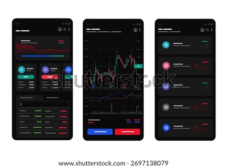 mobile financial trading application screens dark mode a dashboard candlestick chart stock list exchange crypto currency investment concepts smartphone interface for UI UX design